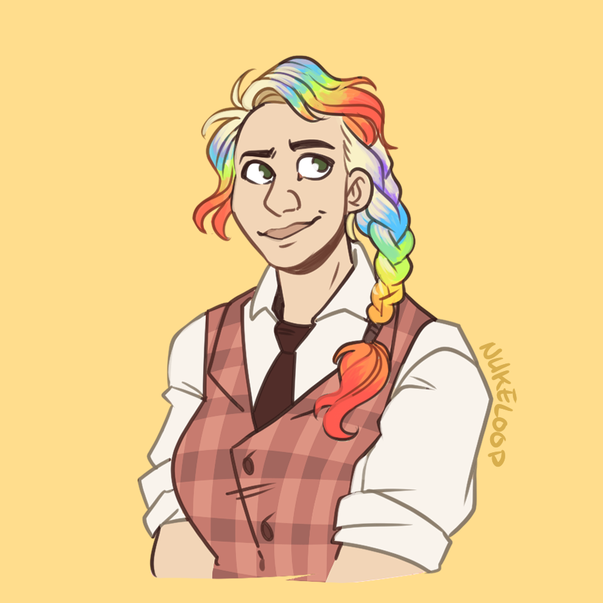 day, a blonde druid with rainbow streaks in her hair and a 3-piece suit