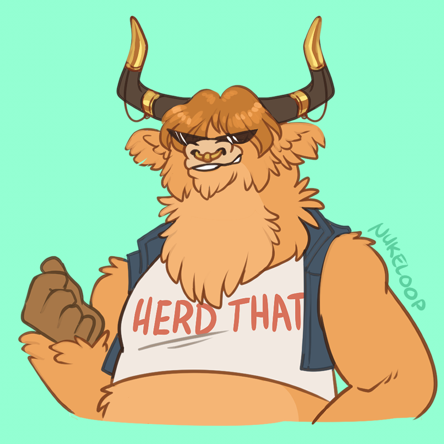palaestra, a highland cow minotaur in a shirt that reads HERD THAT